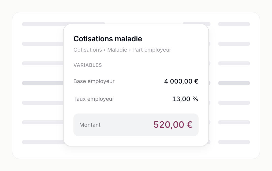 Bulletin de paie dans Linc, avec le détail du calcul des cotisations maladie ouvert par-dessus : chemin Cotisations › Maladie › Part employeur, base employeur de 4 000,00 €, taux employeur de 13,00 %, montant de 520,00 €.